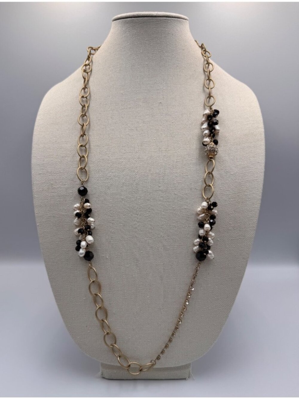 Baroque Freshwater Pearl Black Glass Cluster Necklace Matte Gold Tone 38”